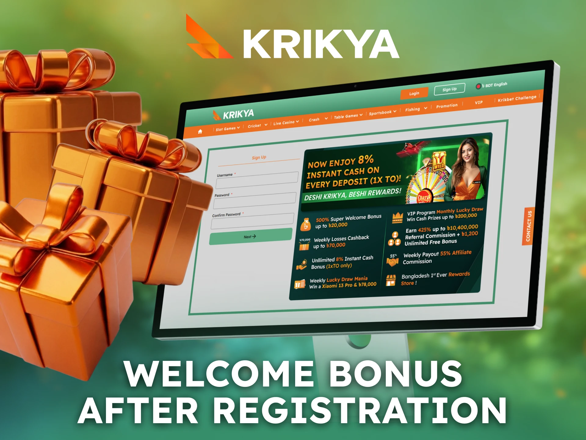 Claim a Krikya welcome bonus after successful registration.