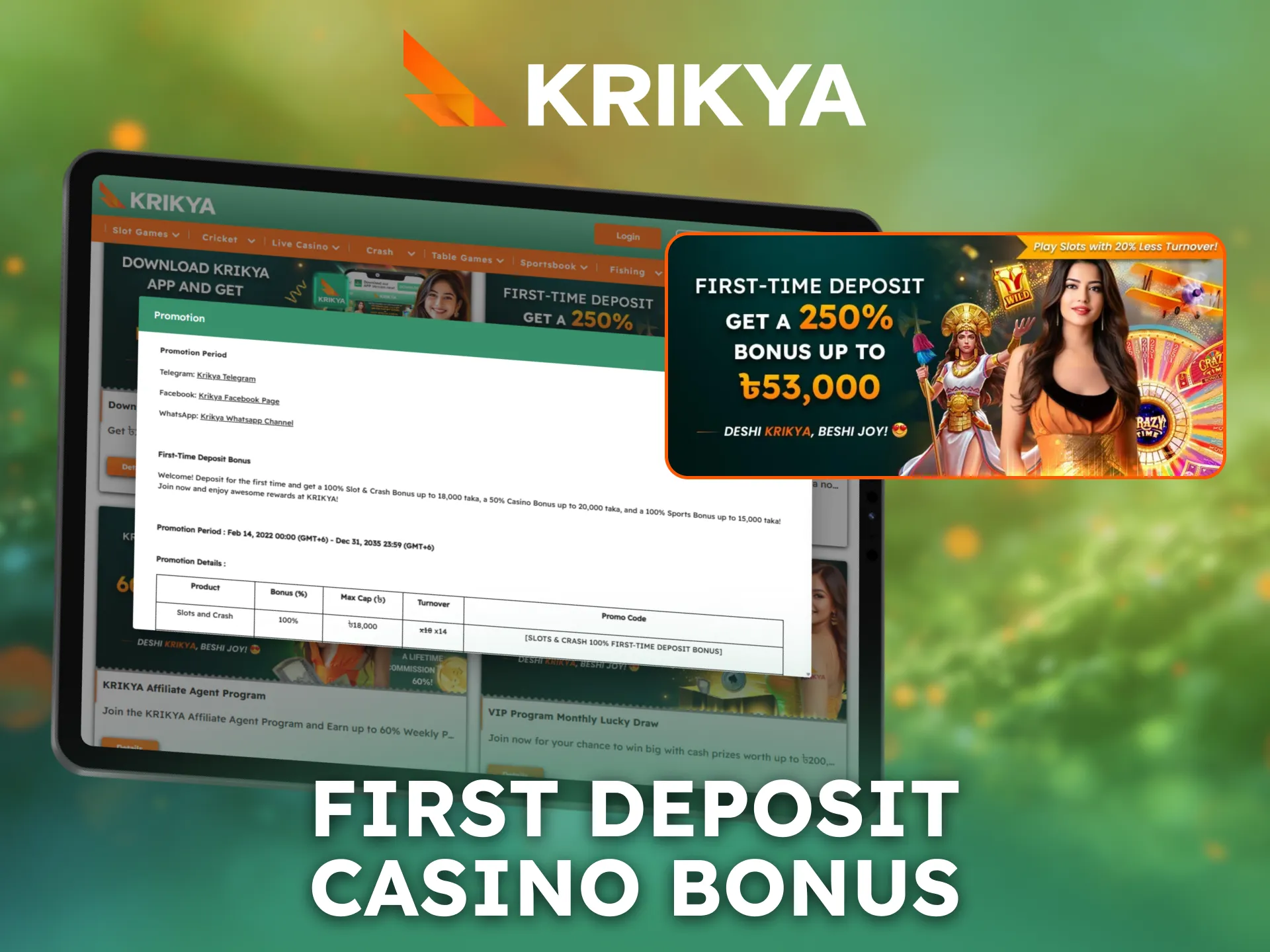 Claim Krikya first deposit casino bonus to start playing slots.