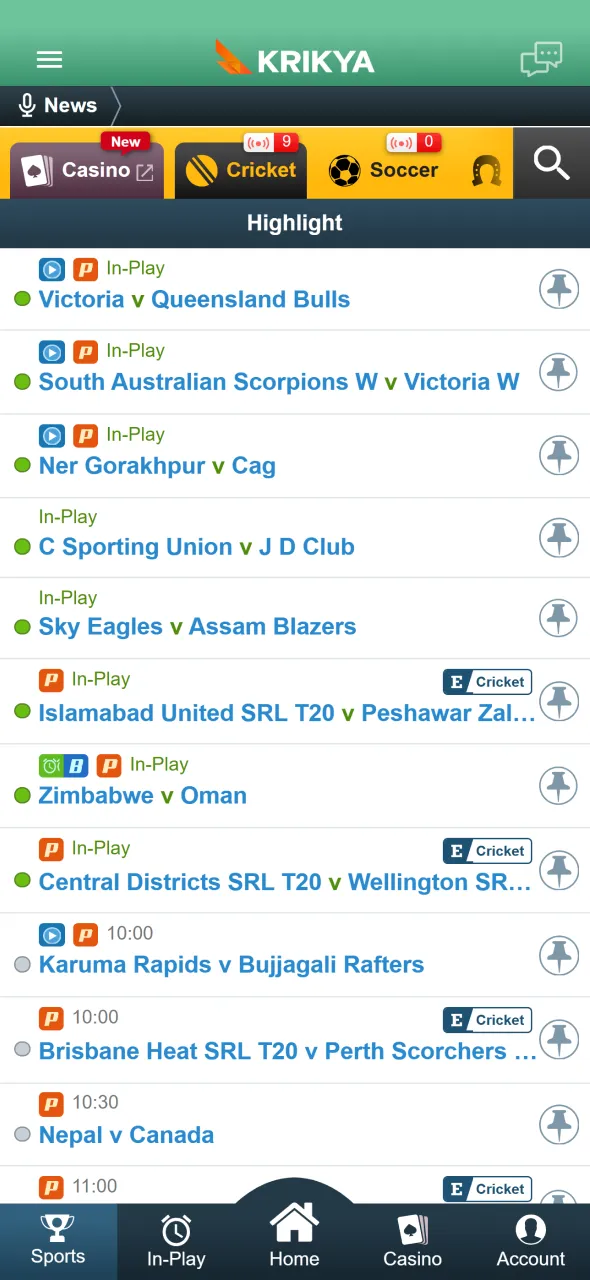 Choose tournament league and match for Krikya cricket betting action.