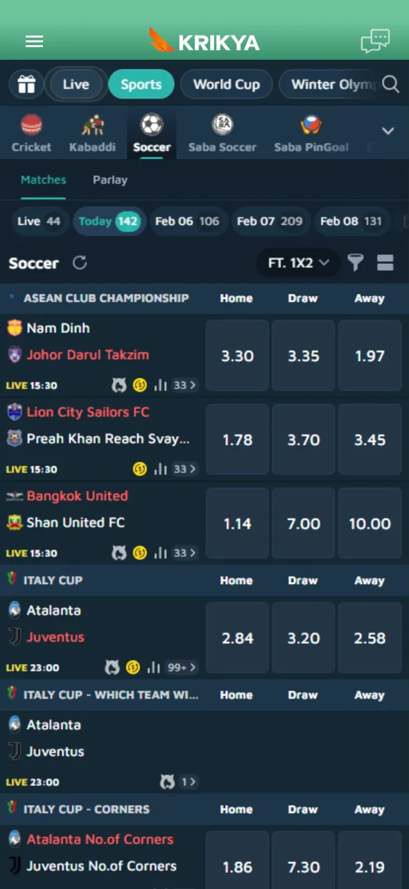 Select league and match for Krikya Football betting action.