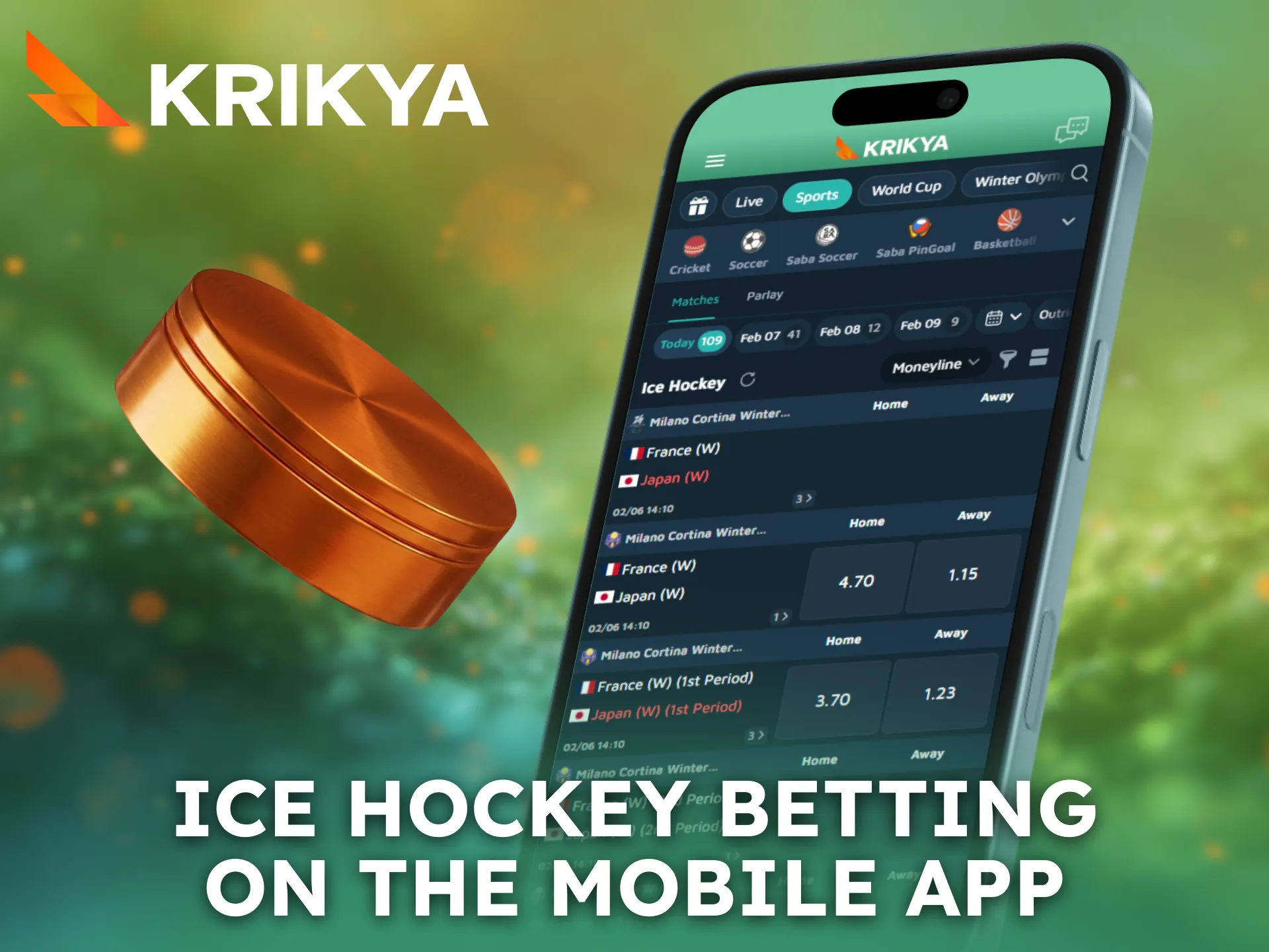 Full ice hockey betting functionality on smartphones is provided through the Krikya mobile app.