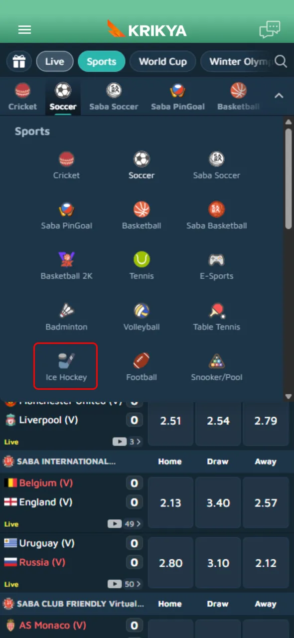 Quick access to dedicated ice hockey markets is available within Krikya.