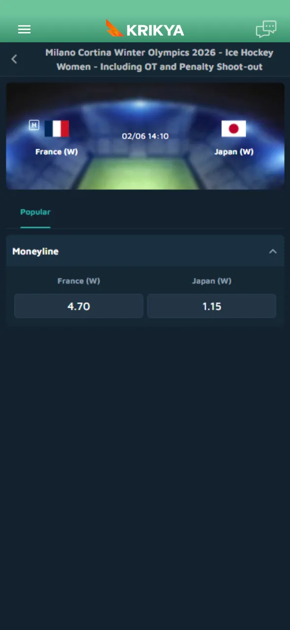 Simple ice hockey stake setup and fast bet confirmation make wagering smooth on Krikya.