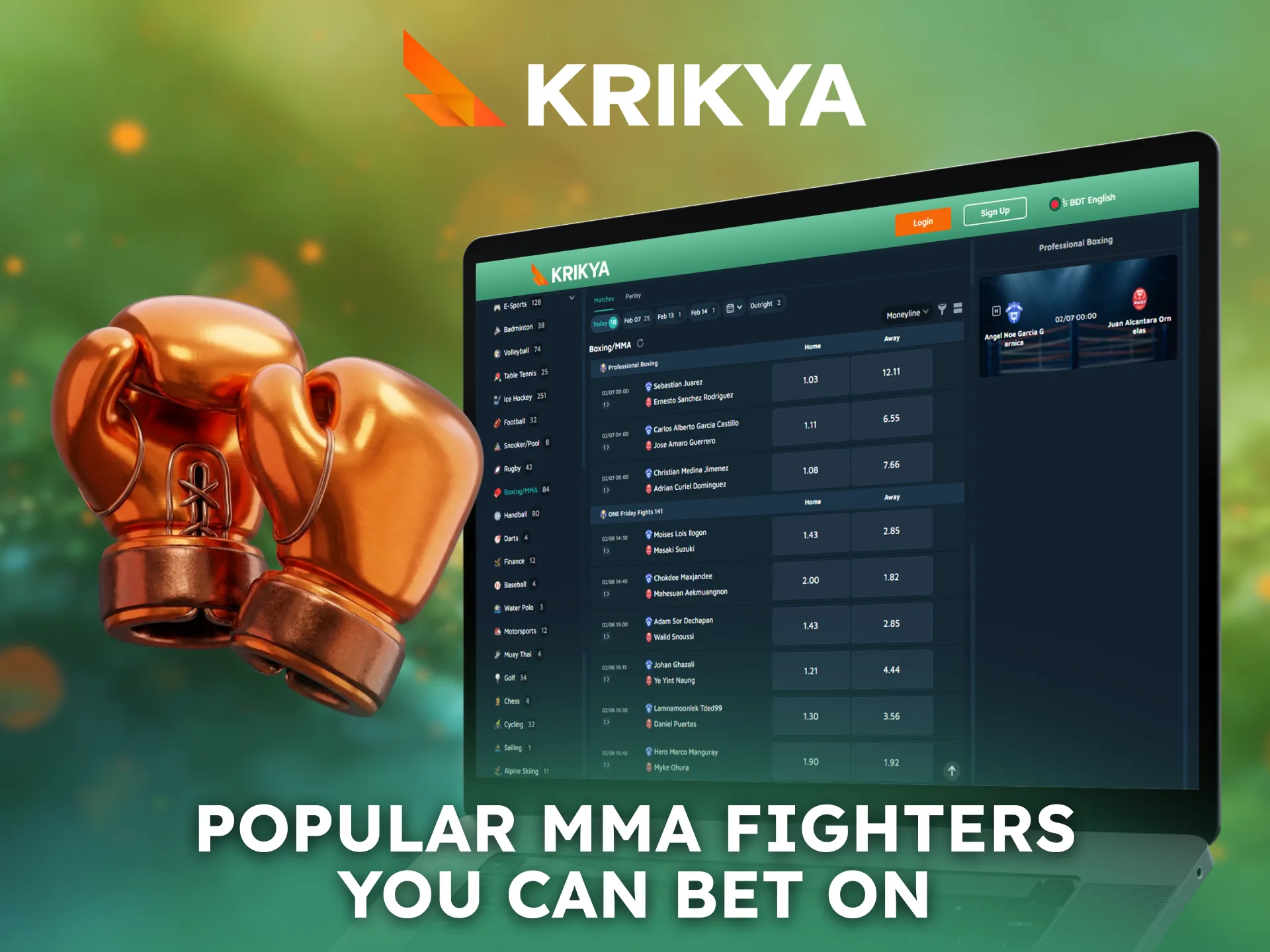 Well-known MMA fighters from global promotions are available for betting odds on Krikya.