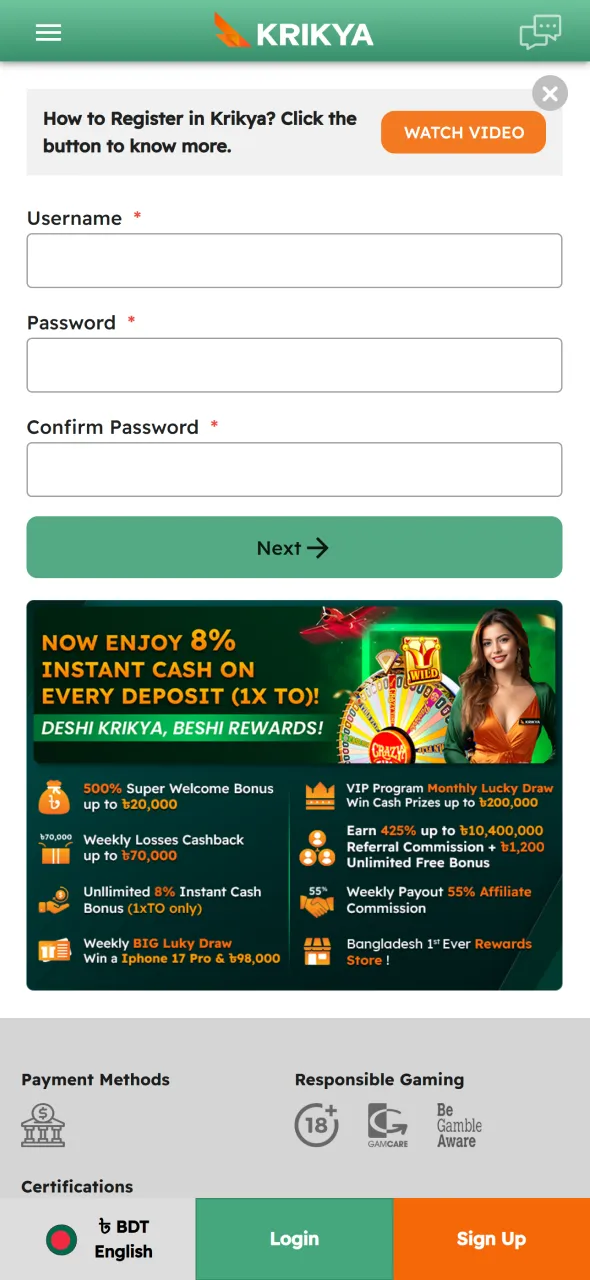 A quick account registration process allows new users in Bangladesh to start MMA betting on Krikya.