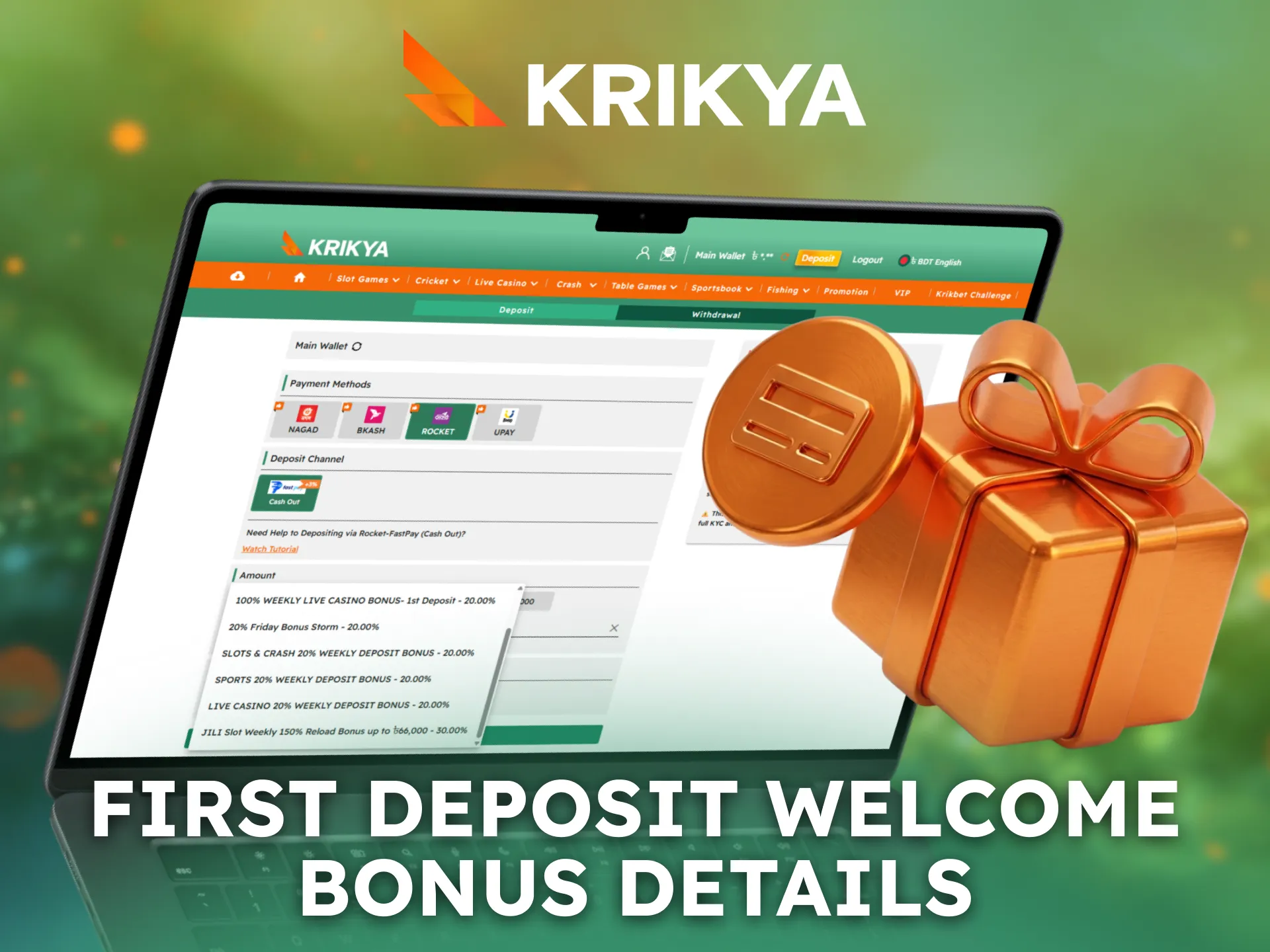 Detailed information about the first deposit welcome bonus helps new users understand Krikya offers.