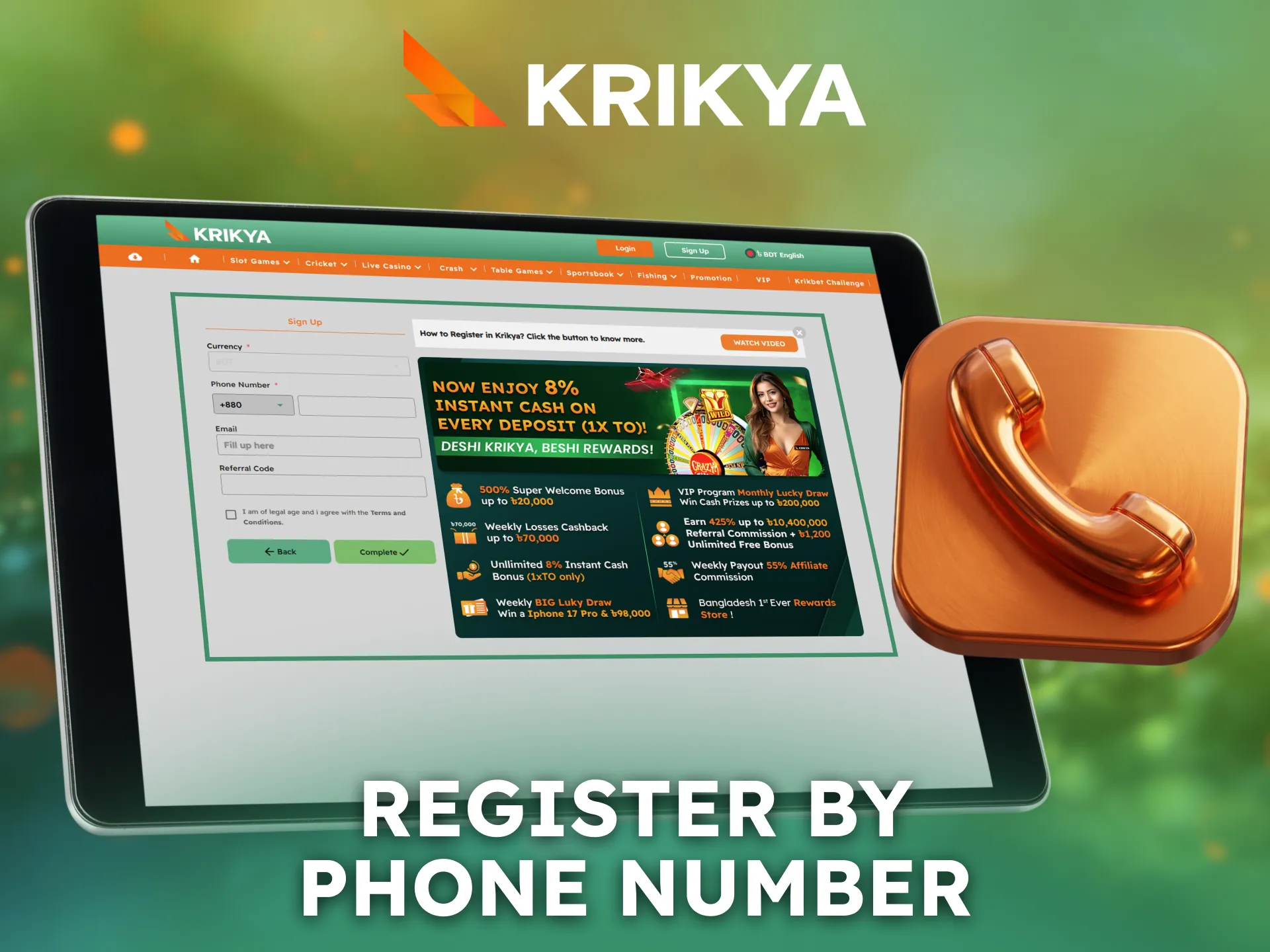 Register by phone number using Krikya for quick account creation.