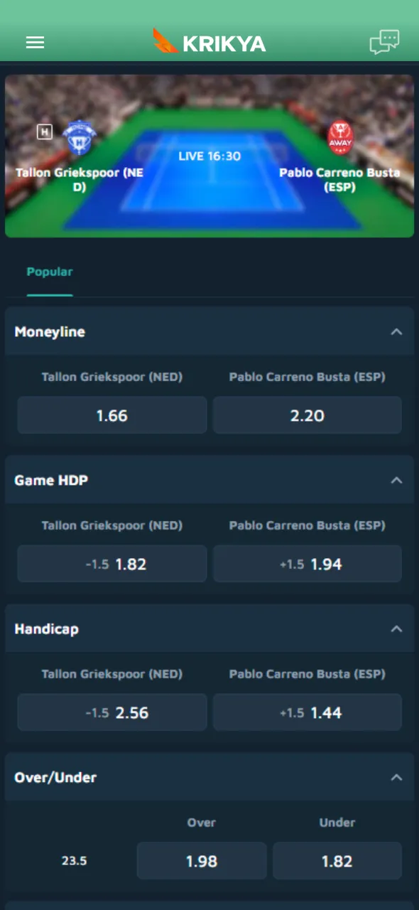 Place your tennis bet easily using Krikya betting tools.