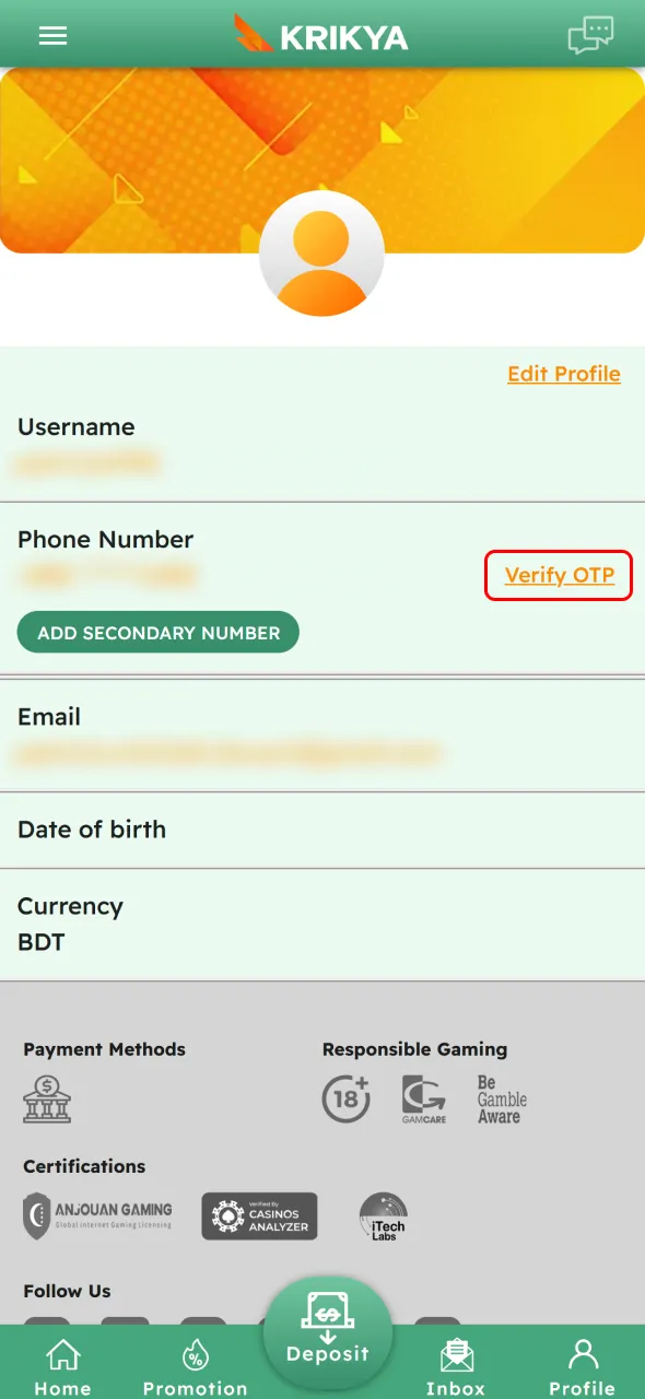 Verify your contact details to secure the Krikya registration bonus.