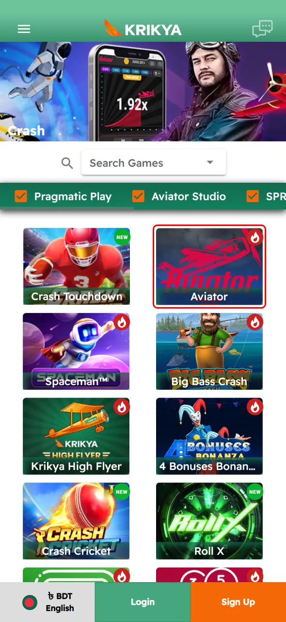 Find the Krikya Aviator game inside the casino section.