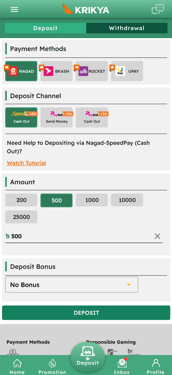 Deposit BDT on Krikya using convenient local payment methods.