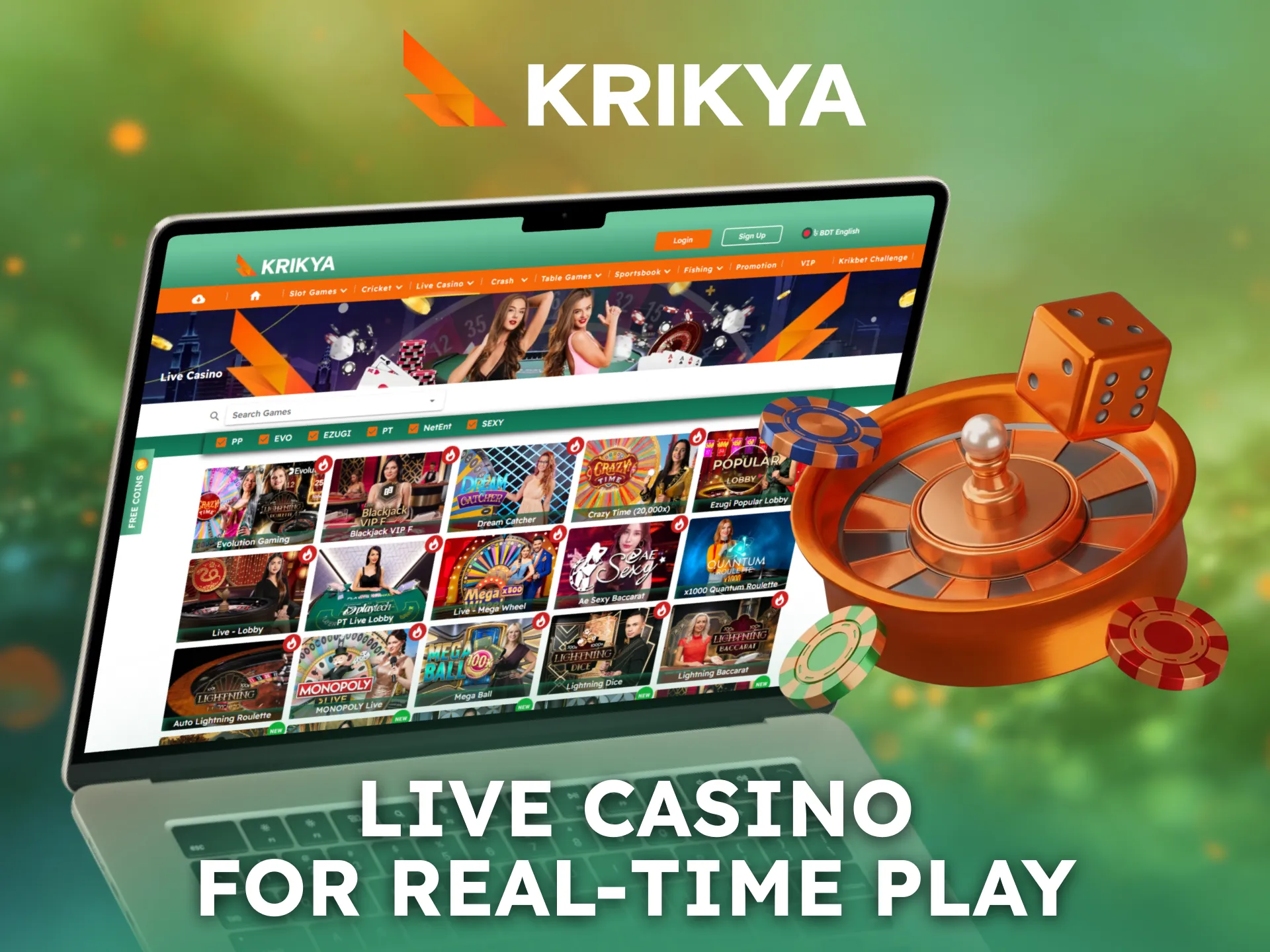 Play with real dealers at Krikya live casino tables.