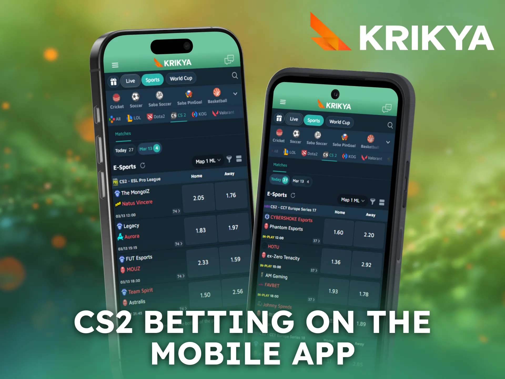 Use the Krikya mobile app for convenient CS2 betting anywhere.