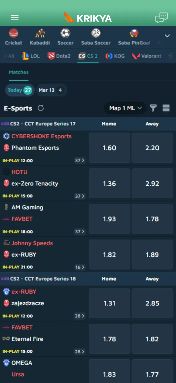 Place a CS2 bet on Krikya and follow live match action.