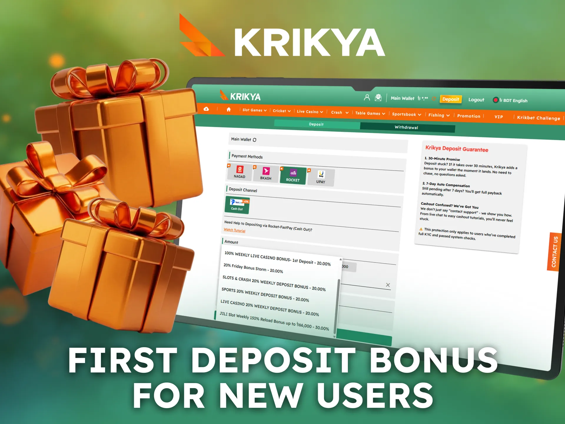 Claim the Krikya first deposit bonus available for new users.