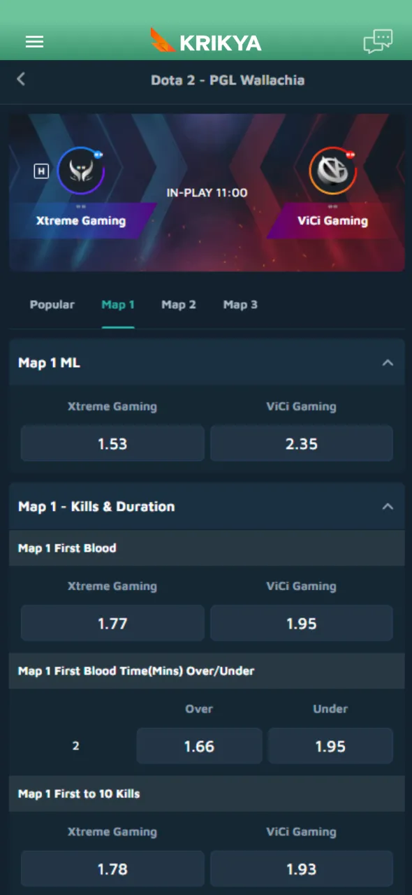 Choose Dota 2 odds on Krikya and place your bet quickly.