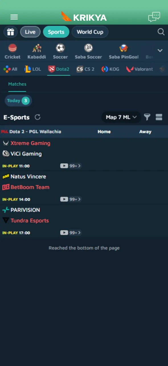 Open the Dota 2 betting section on Krikya to explore matches.