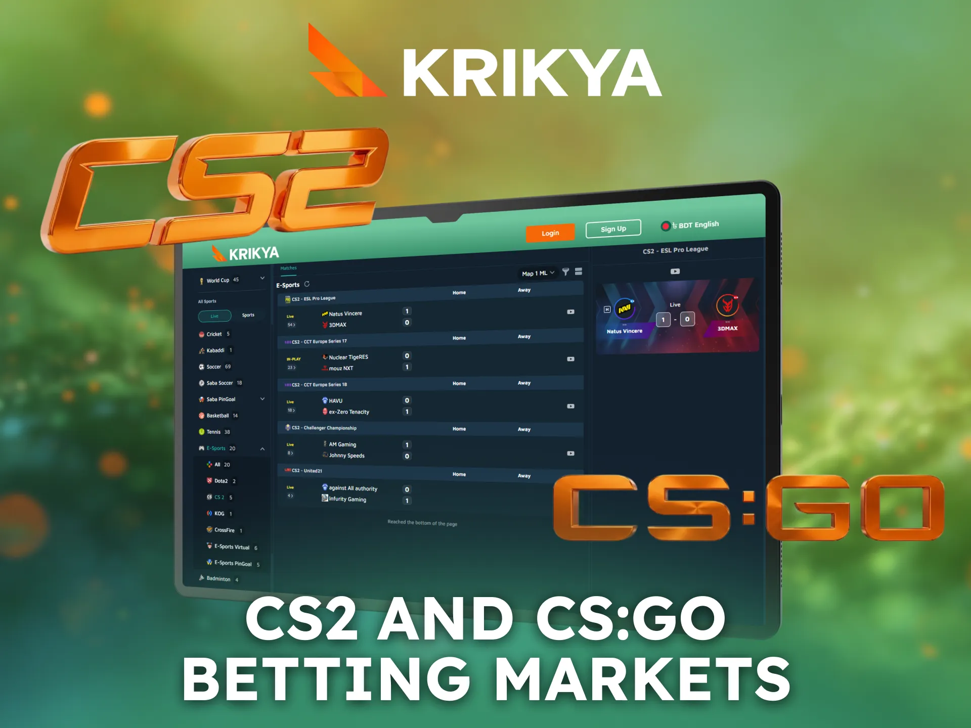Explore CS2 and CS GO betting markets on Krikya.