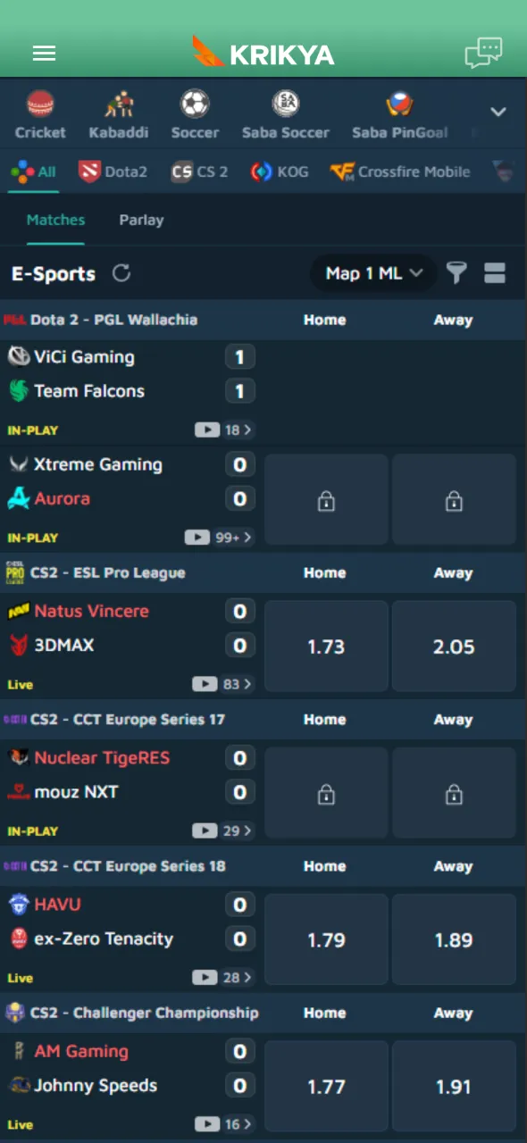 Pick a match on Krikya and place an esports bet instantly.