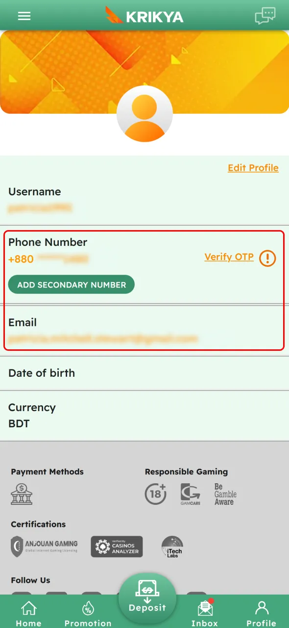 Verify mobile and email details on Krikya for secure account access.
