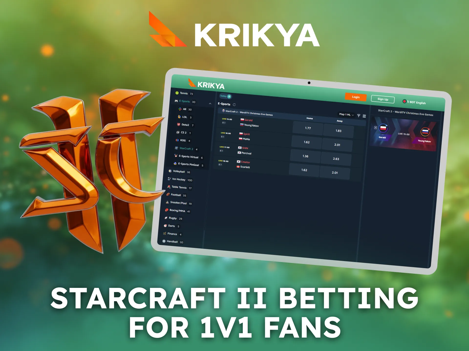 Place StarCraft II bets on Krikya and follow exciting 1v1 battles.