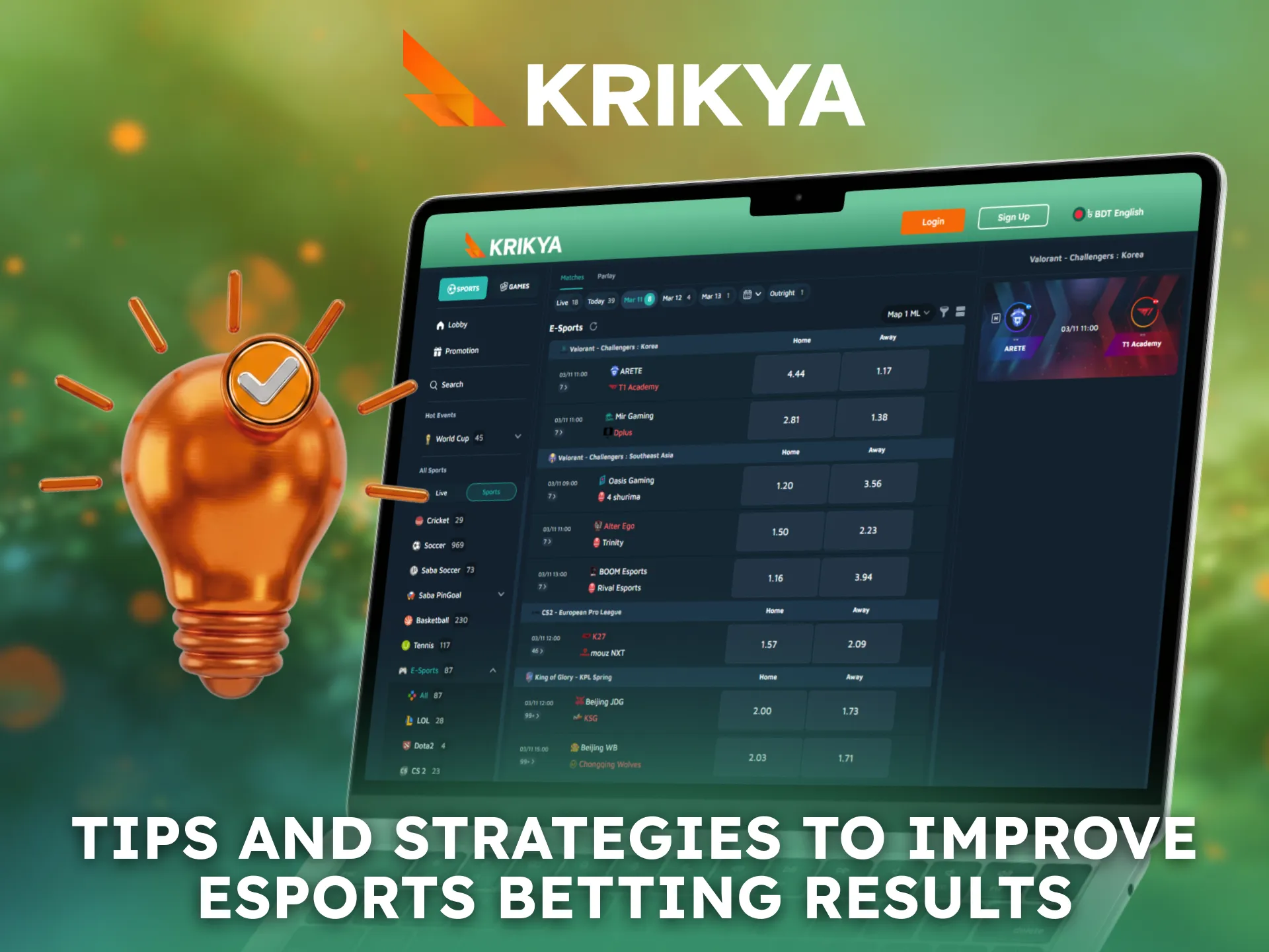 Apply smart tips and strategies to improve esports betting on Krikya.