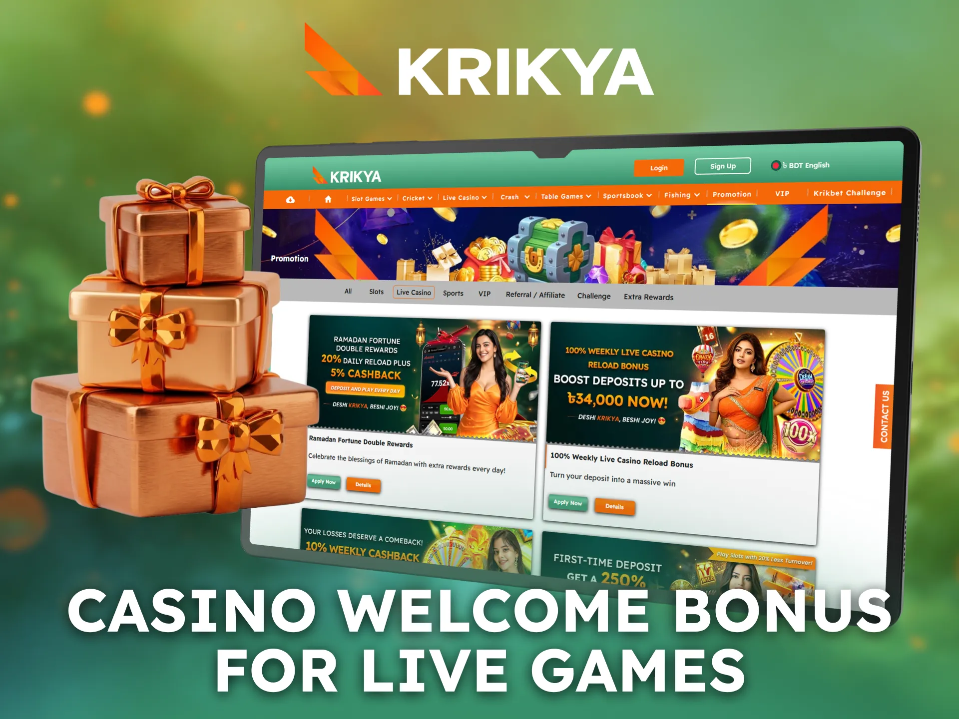 Claim a Krikya casino welcome bonus for live games in Bangladesh.