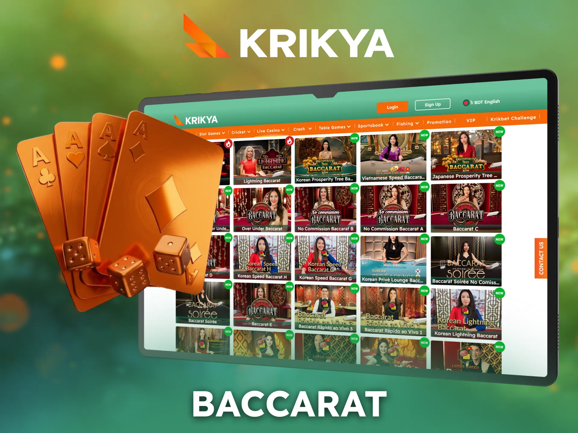 Place Baccarat bets live on Krikya casino tables.