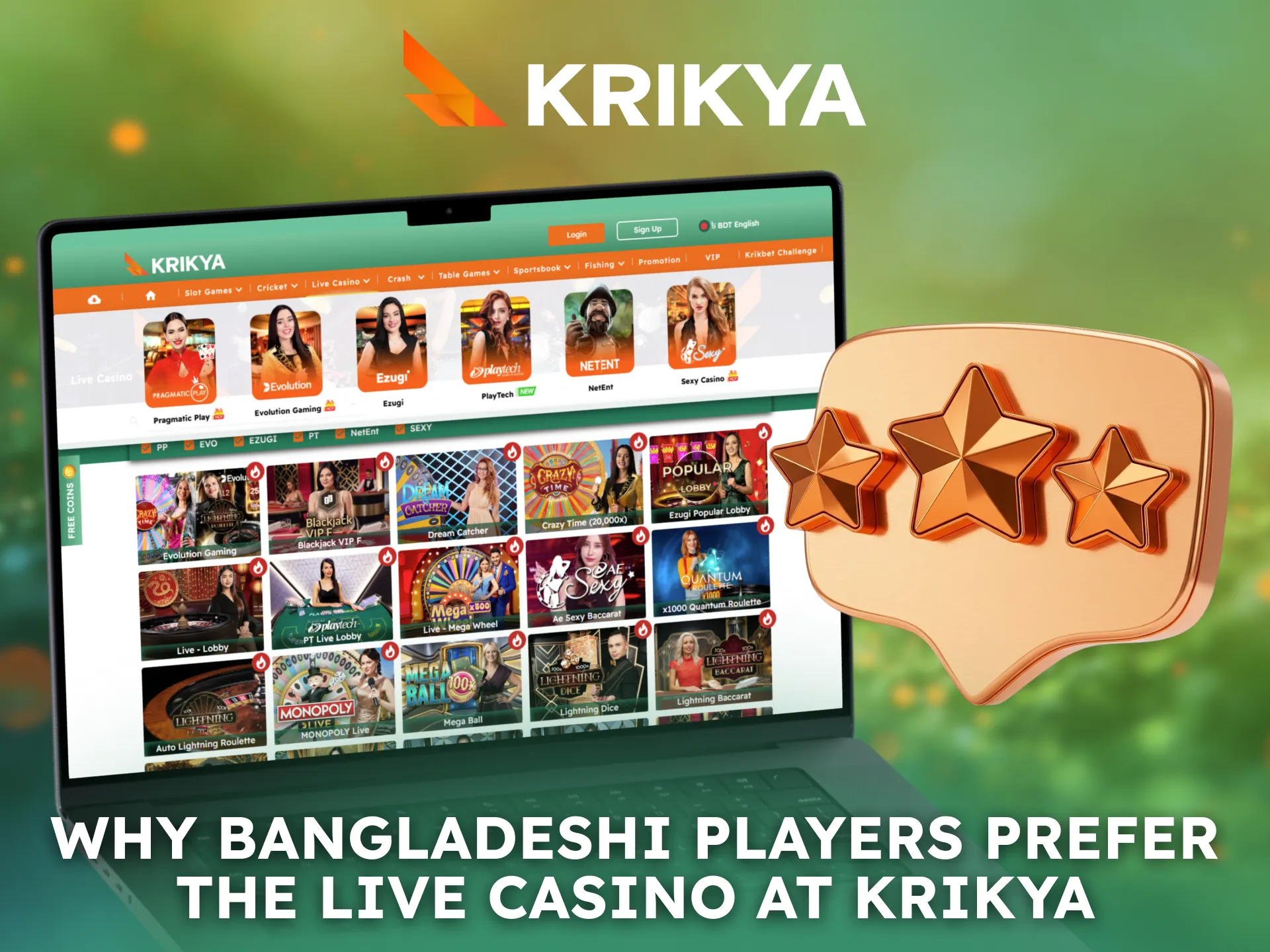 Bangladesh players prefer live casino entertainment on Krikya.