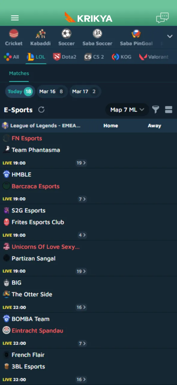 Find a League of Legends match on Krikya and place a bet.