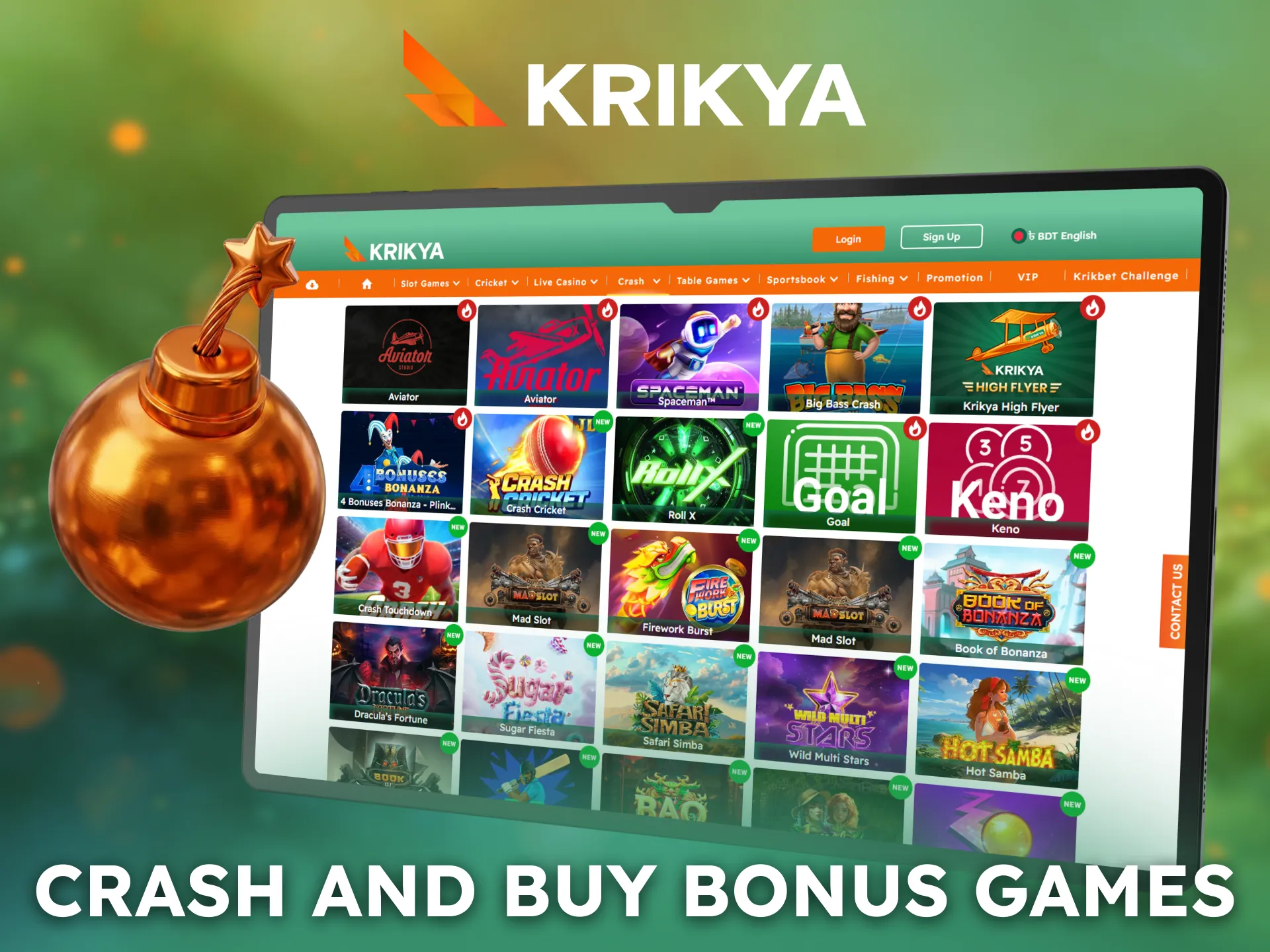 Experience crash and buy bonus slot style games on Krikya.