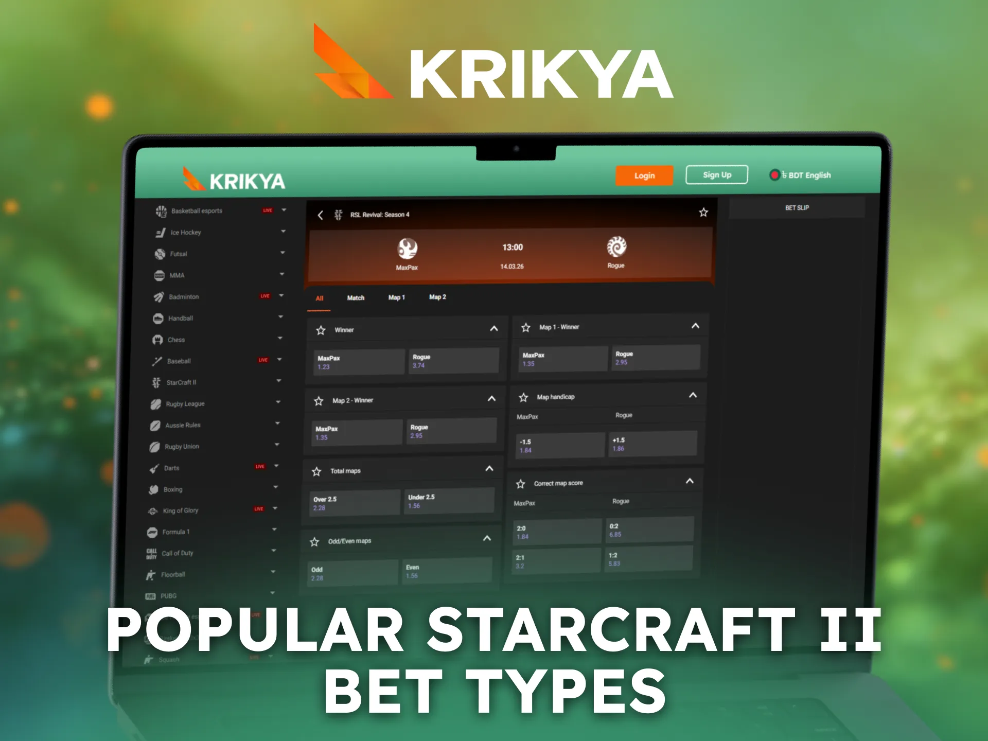 Explore popular StarCraft II bet types available on Krikya.