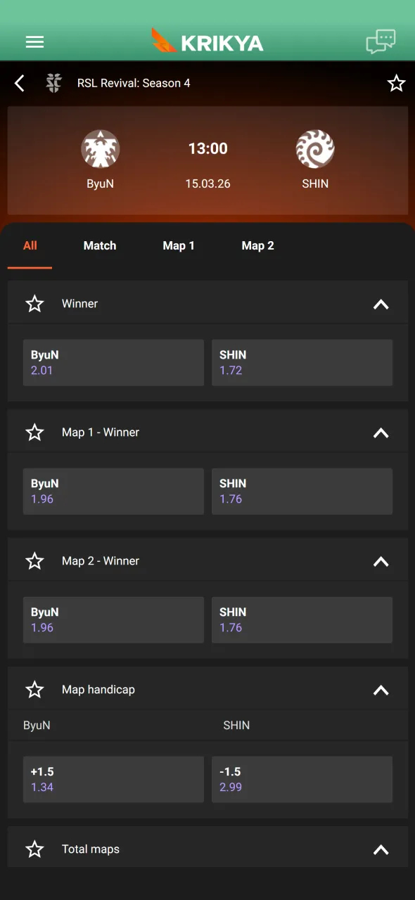 Select a StarCraft II market on Krikya and confirm your bet.