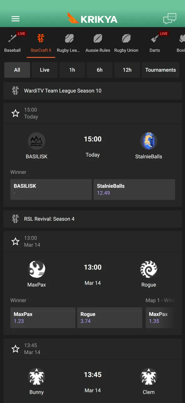 Open the esports section on Krikya and choose StarCraft II matches.