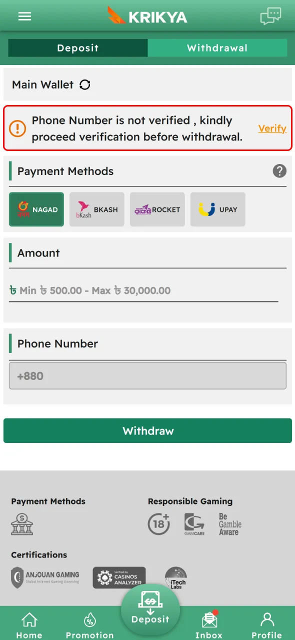 Complete Krikya verification steps before finalizing withdrawal in Bangladesh.