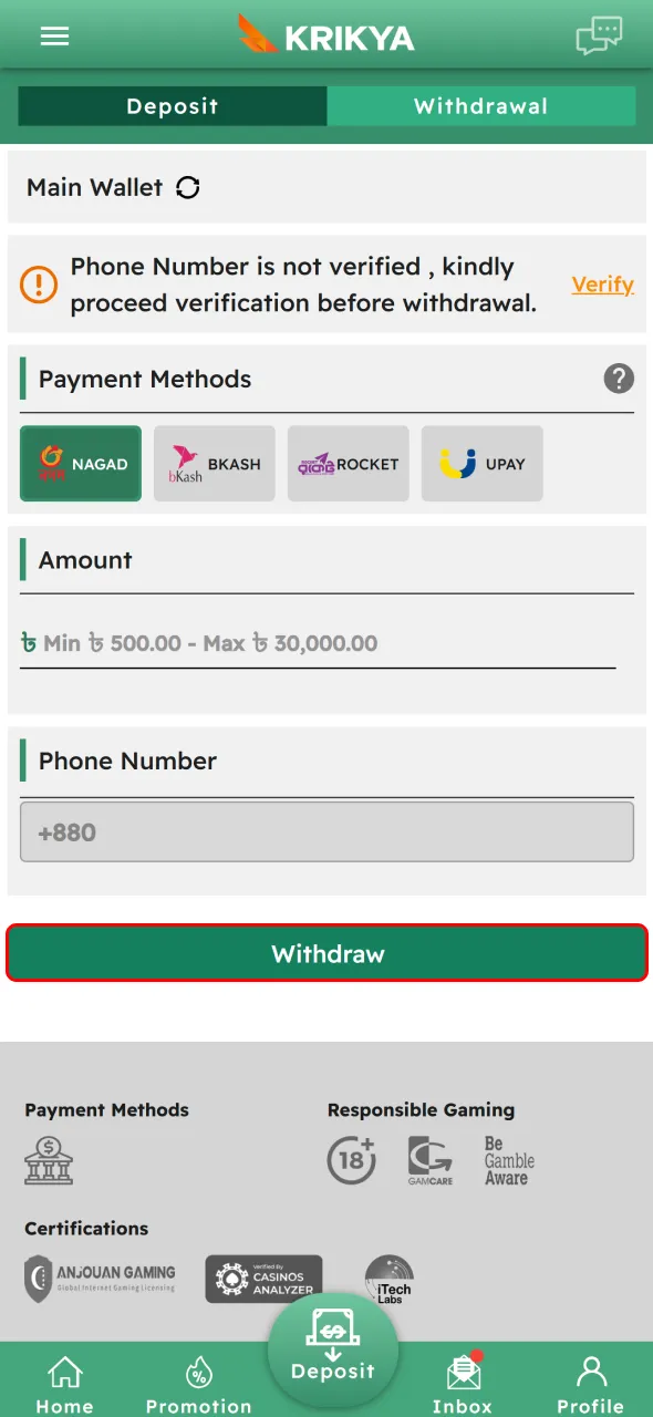 Confirm the Krikya withdrawal request to process your payout.