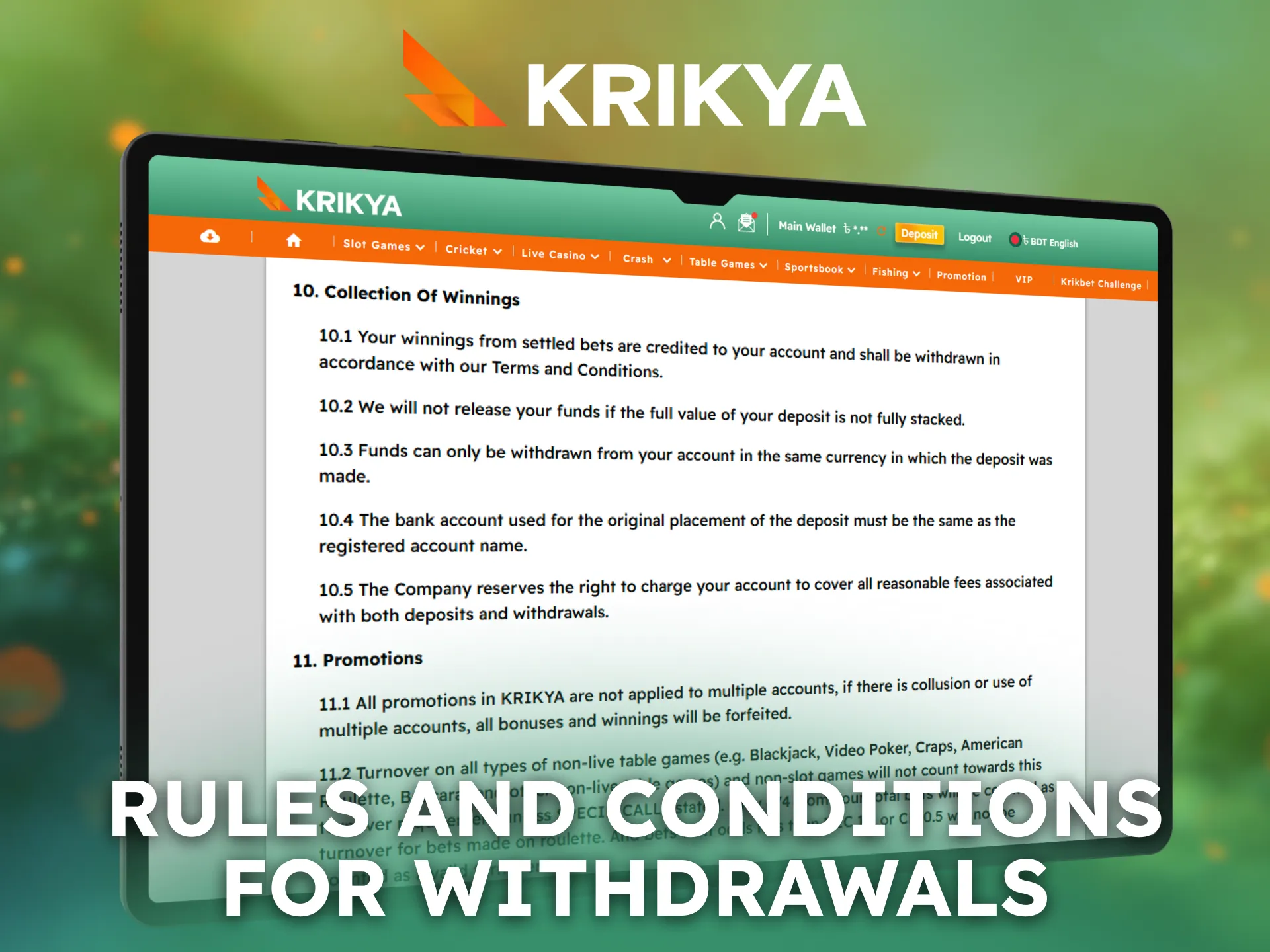 Review Krikya withdrawal rules and conditions for Bangladesh players.